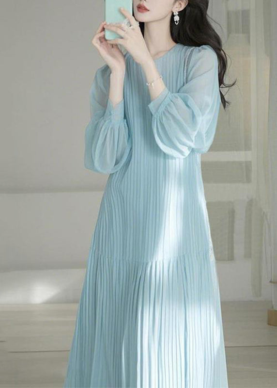 Spring Blue Maxi O-Neck Cute Light Dresses Cinched