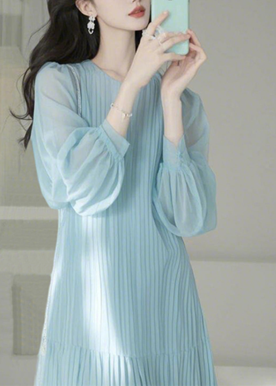 Spring Blue Maxi O-Neck Cute Light Dresses Cinched