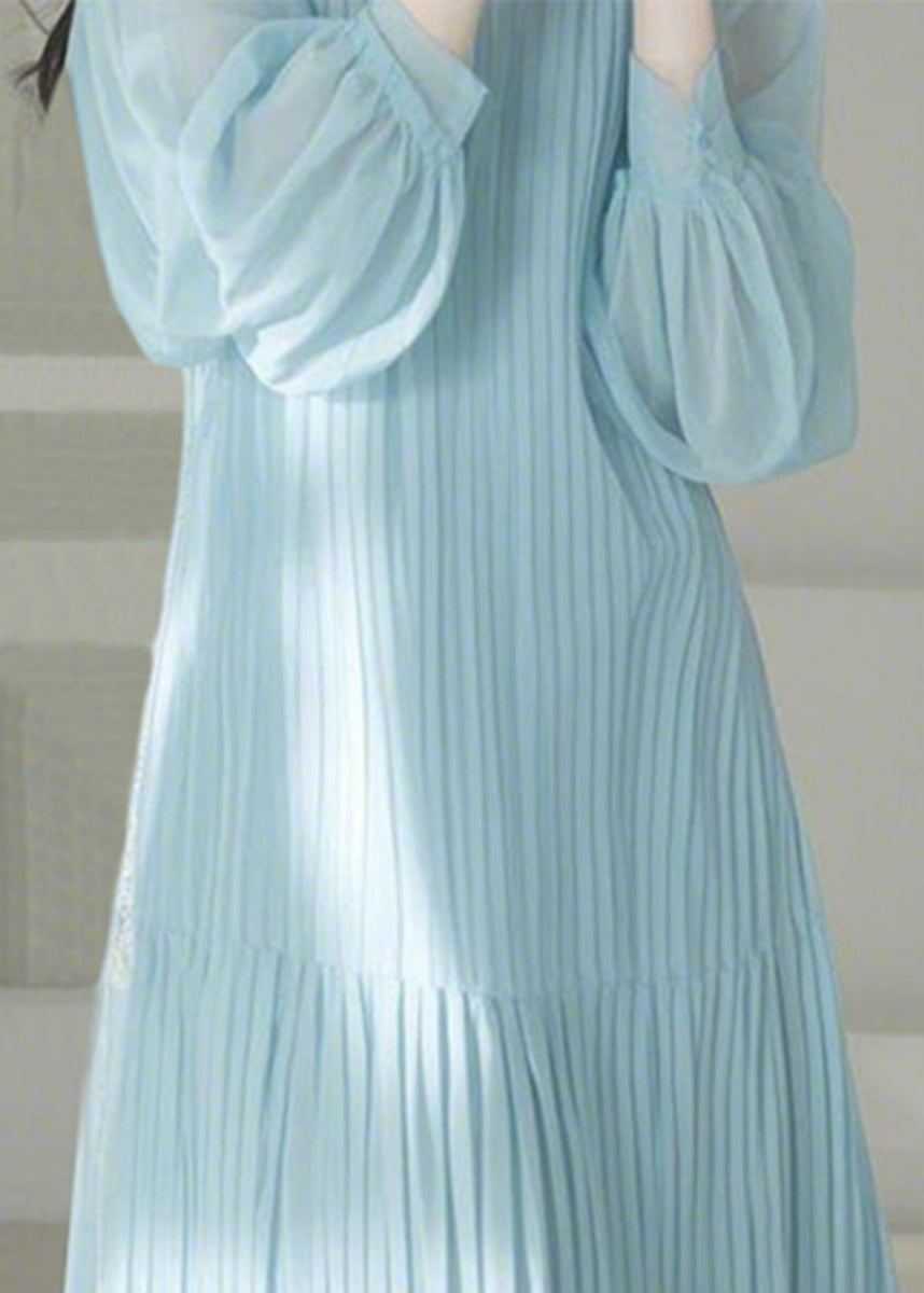Spring Blue Maxi O-Neck Cute Light Dresses Cinched