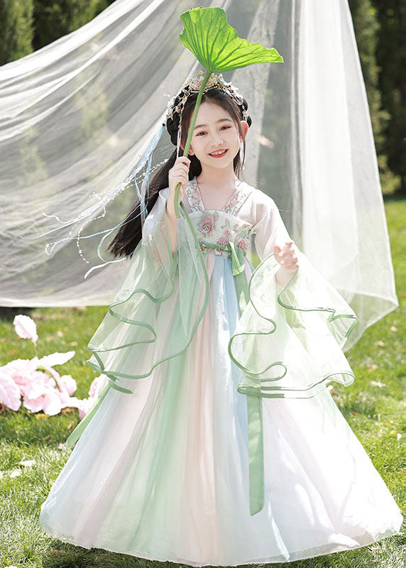 Kids Green Cute Long Dresses Spring Light Embroideried Chiffon