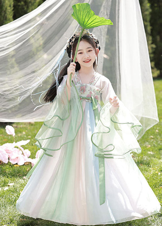 Kids Green Cute Long Dresses Spring Light Embroideried Chiffon