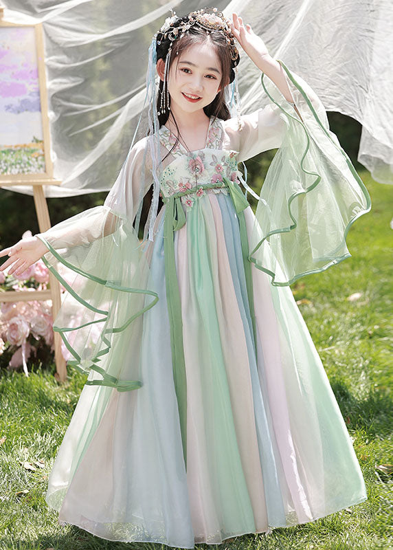 Kids Green Cute Long Dresses Spring Light Embroideried Chiffon