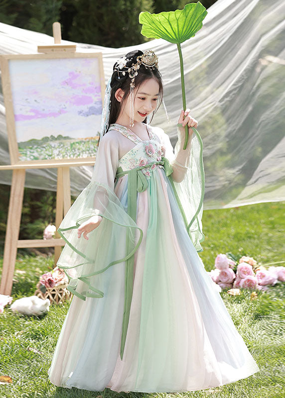 Kids Green Cute Long Dresses Spring Light Embroideried Chiffon