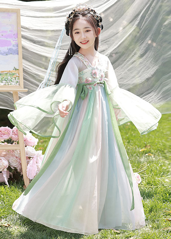 Kids Green Cute Long Dresses Spring Light Embroideried Chiffon