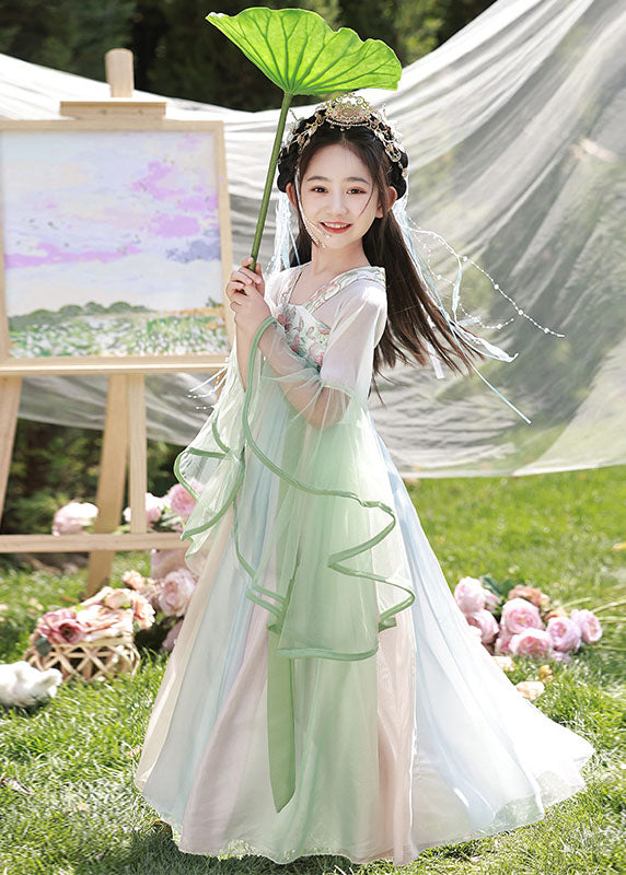 Kids Green Cute Long Dresses Spring Light Embroideried Chiffon
