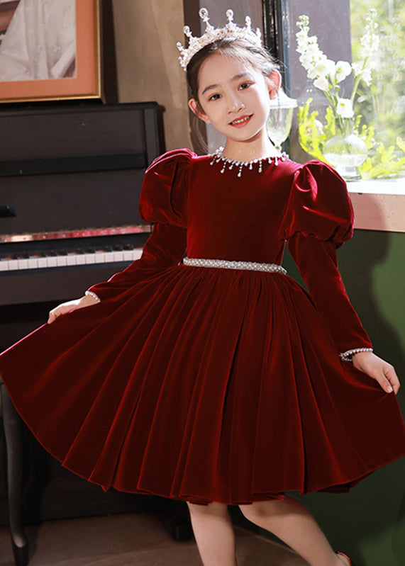 Patchwork Mulberry Nail Cute Velour Silk Bead Girls Long Dress