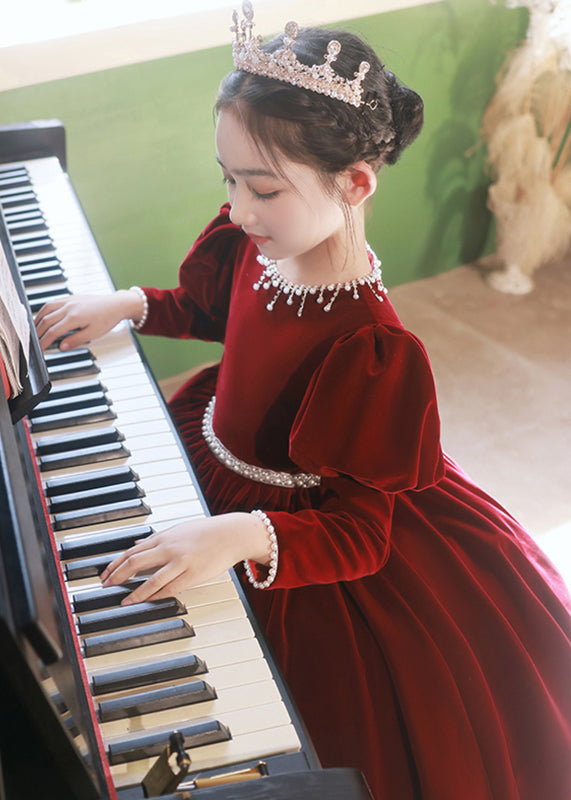 Patchwork Mulberry Nail Cute Velour Silk Bead Girls Long Dress