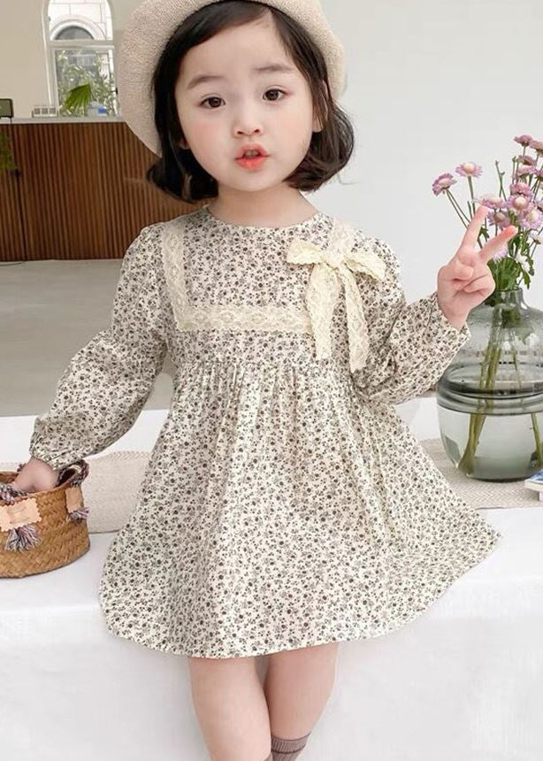 Cute O-Neck Print Lace Patchwork Bow Girls Mid Dress Long Sleeve SS1066