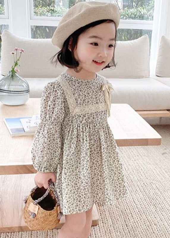 Cute O-Neck Print Lace Patchwork Bow Girls Mid Dress Long Sleeve SS1066