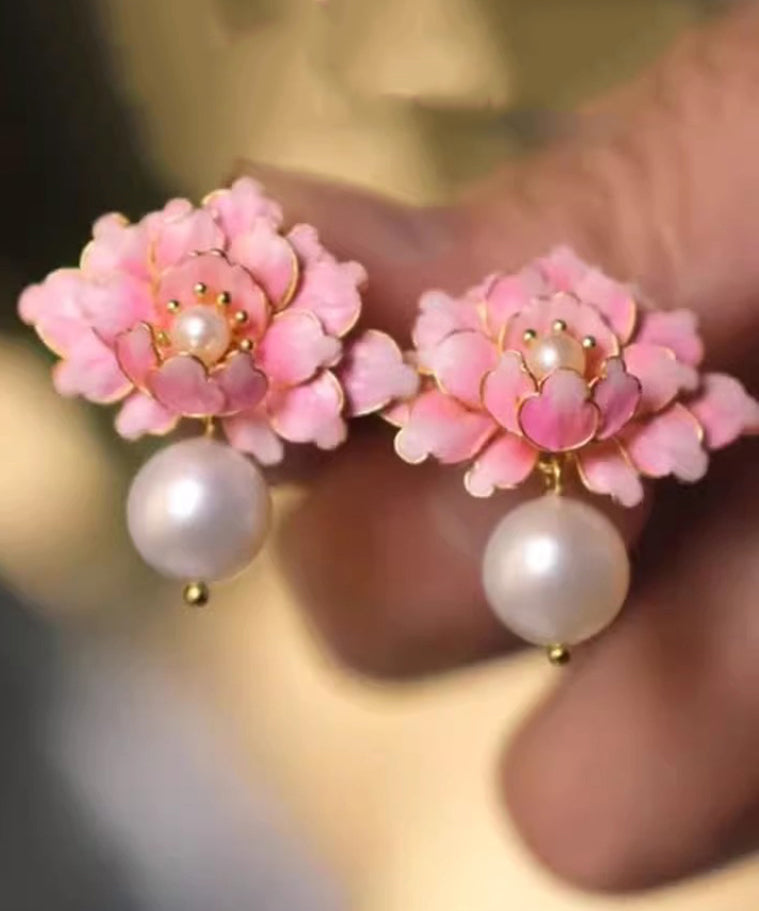 Peach Pink Alloy Stud Earrings Drip Blossom Glaze Cute Pearl