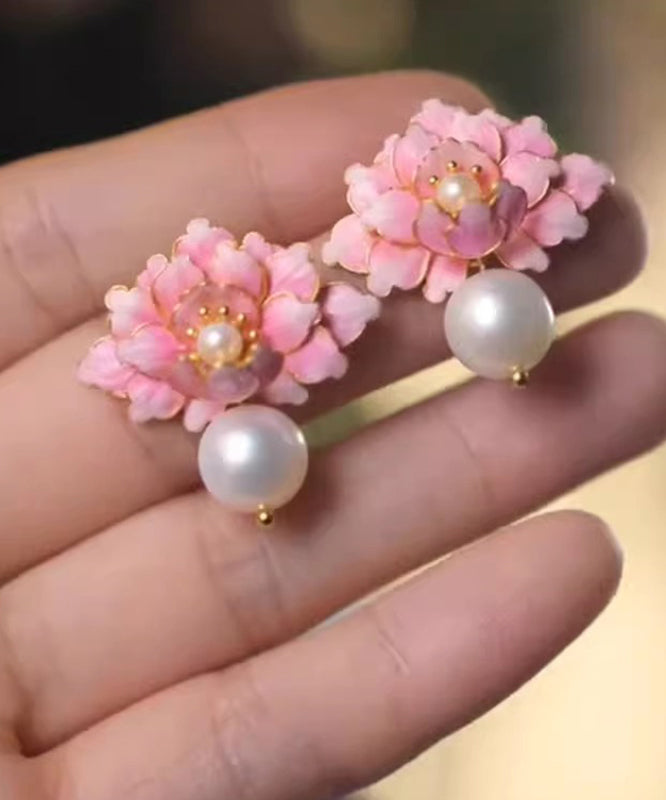 Peach Pink Alloy Stud Earrings Drip Blossom Glaze Cute Pearl