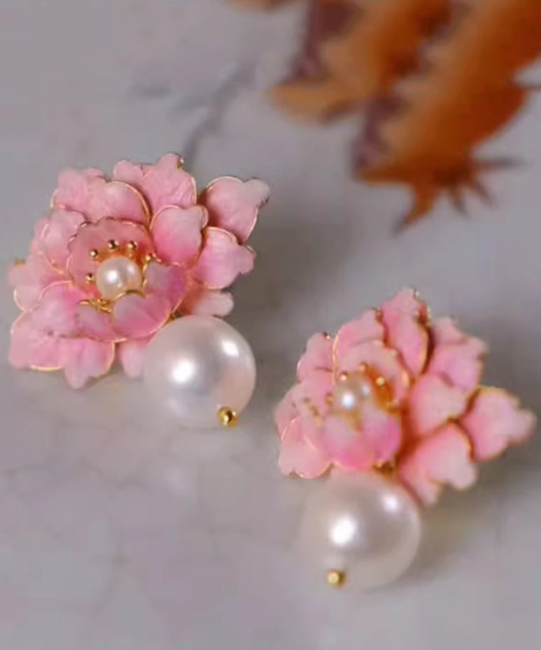 Peach Pink Alloy Stud Earrings Drip Blossom Glaze Cute Pearl