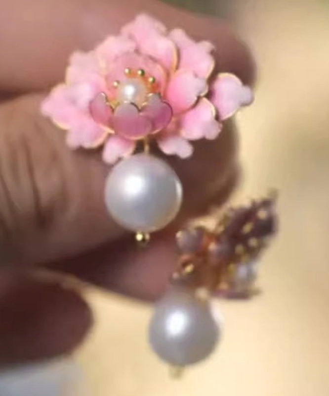Peach Pink Alloy Stud Earrings Drip Blossom Glaze Cute Pearl