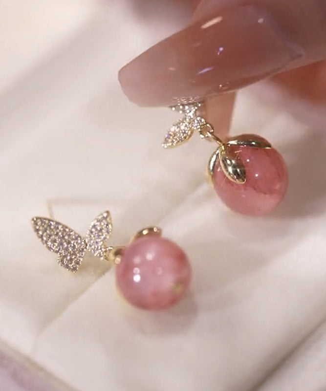 Stud Cute Stone Cat Butterfly Zircon Earrings Pink Eye Alloy