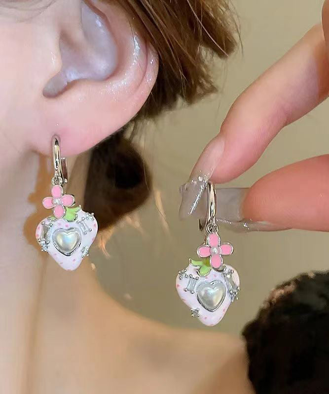 Love Zircon Stud Copper Pink Strawberry Earrings Pearl Cute