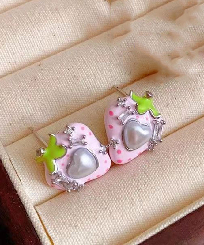 Love Zircon Stud Copper Pink Strawberry Earrings Pearl Cute