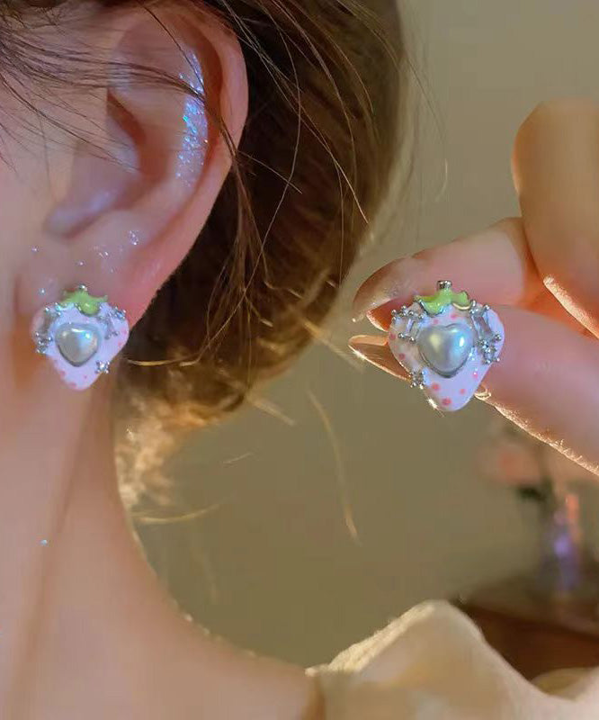 Love Zircon Stud Copper Pink Strawberry Earrings Pearl Cute