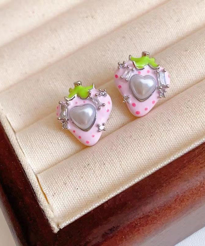 Love Zircon Stud Copper Pink Strawberry Earrings Pearl Cute