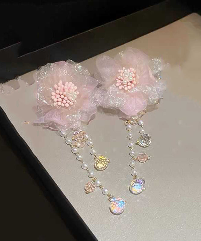 Boucles d'oreilles pendantes à pampilles florales en tulle et perles de cristal rose mignon II007