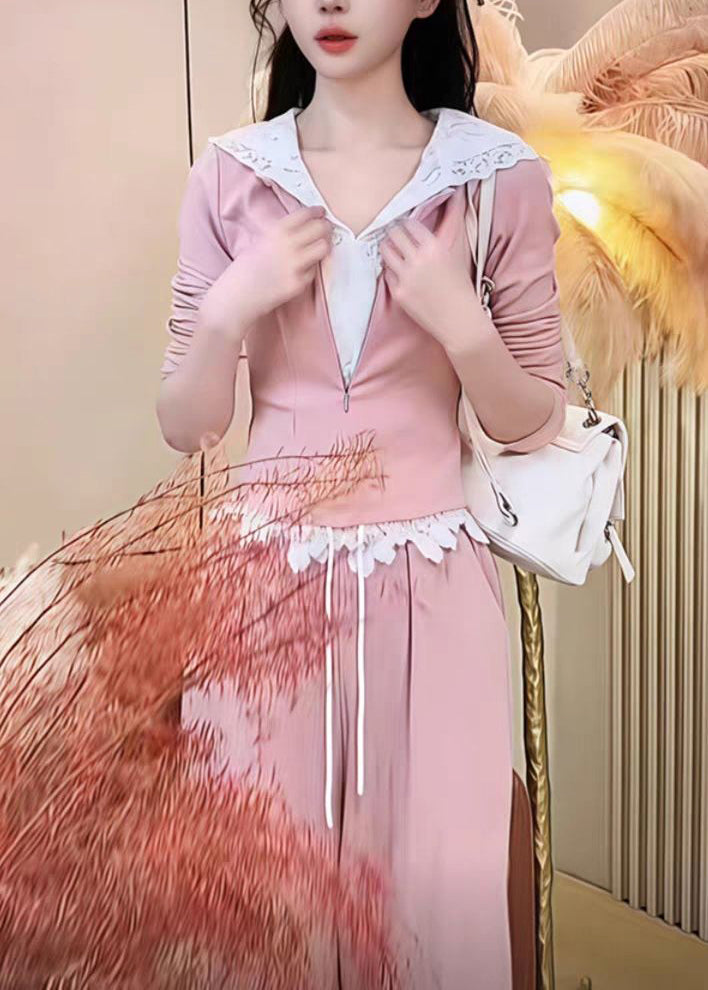 Two Fake Pink Wide Hooded Leg And Sweatshirt Pants Pieces Cute