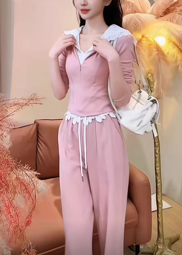 Two Fake Pink Wide Hooded Leg And Sweatshirt Pants Pieces Cute