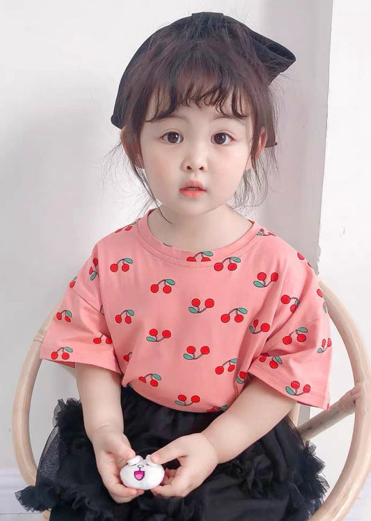 Cute Pink O Neck Print Cotton Girls T Shirt Summer YU1030