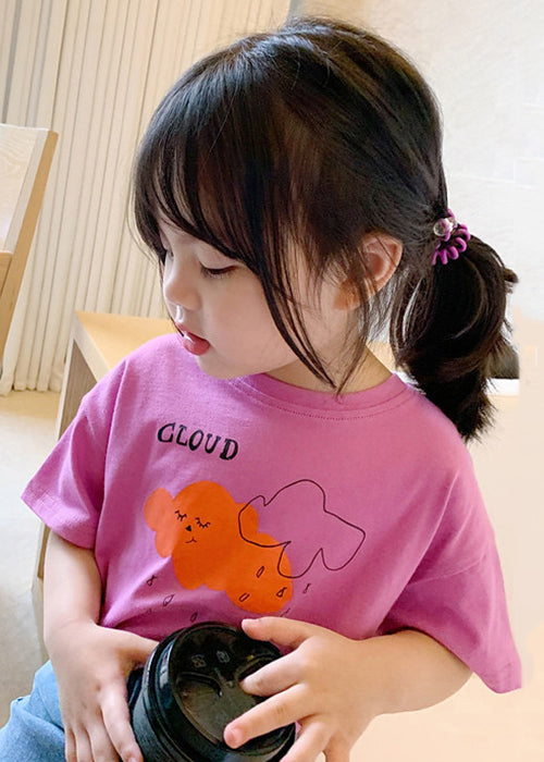 Cute Pink O Neck Print Cotton Girls T Shirt Summer YU1030