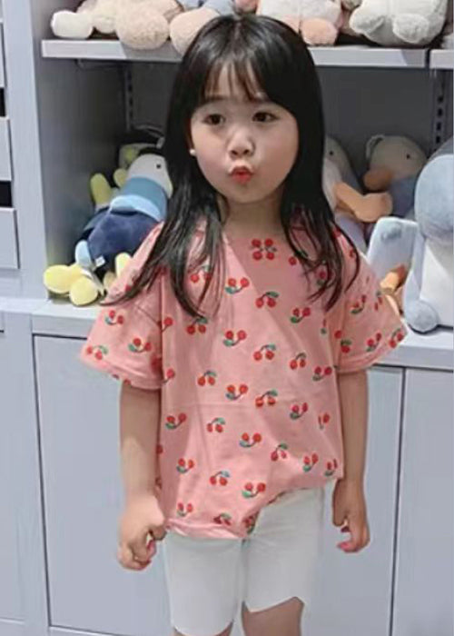 Cute Pink O Neck Print Cotton Girls T Shirt Summer YU1030