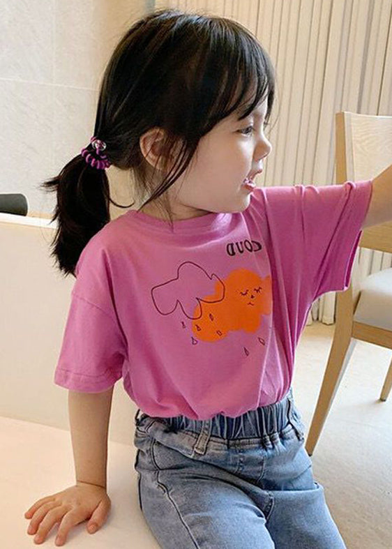 Cute Pink O Neck Print Cotton Girls T Shirt Summer YU1030