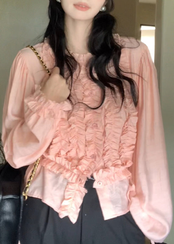 Lantern Top Chiffon Pink Sleeve Cute Ruffled O-Neck