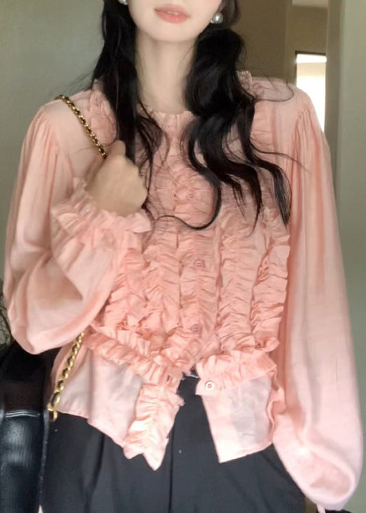 Lantern Top Chiffon Pink Sleeve Cute Ruffled O-Neck