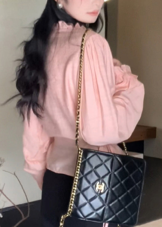 Lantern Top Chiffon Pink Sleeve Cute Ruffled O-Neck