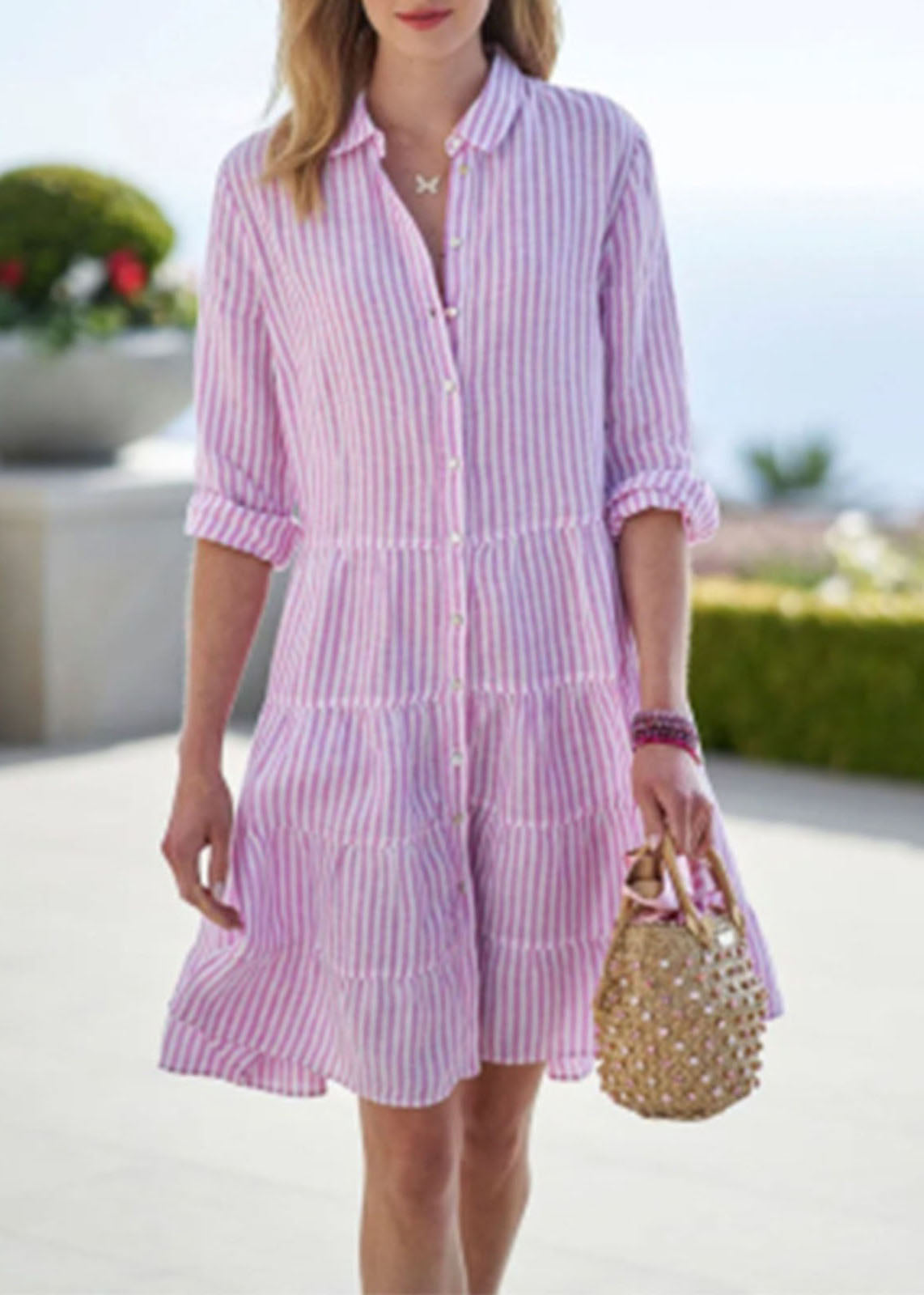 Collar Mid Sleeve Pan Dress Half Cute Peter Pink Button