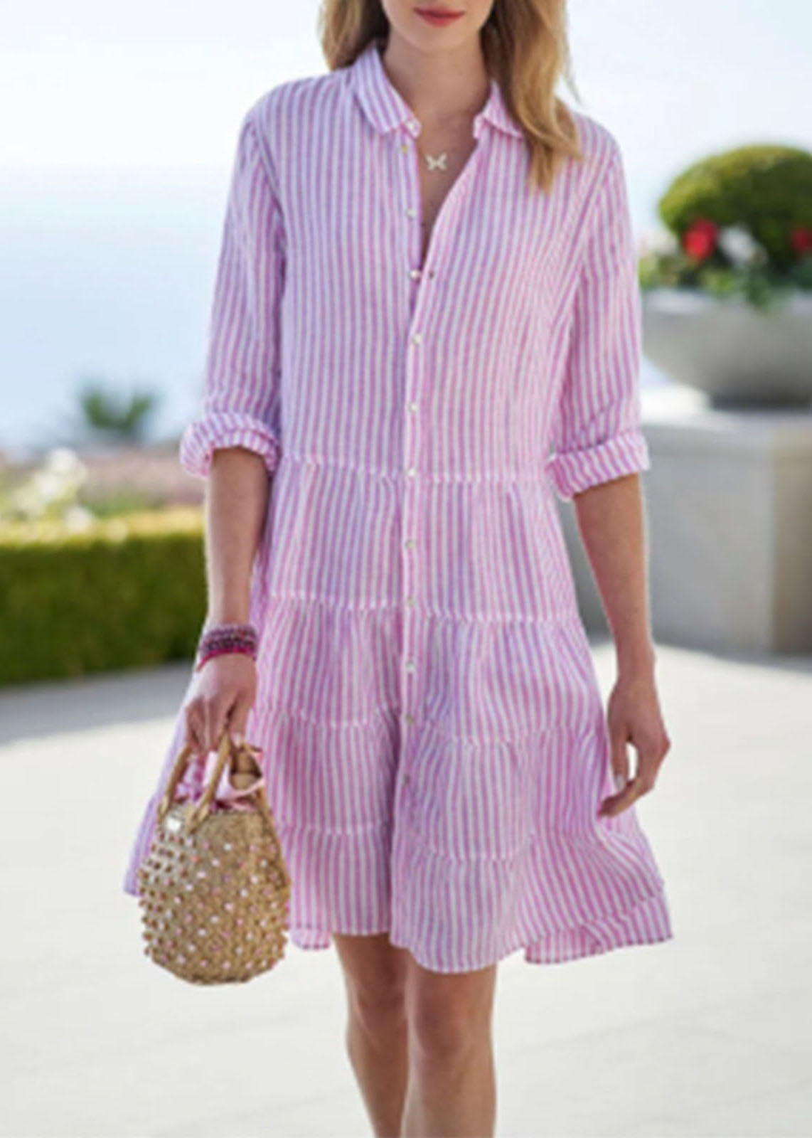 Collar Mid Sleeve Pan Dress Half Cute Peter Pink Button