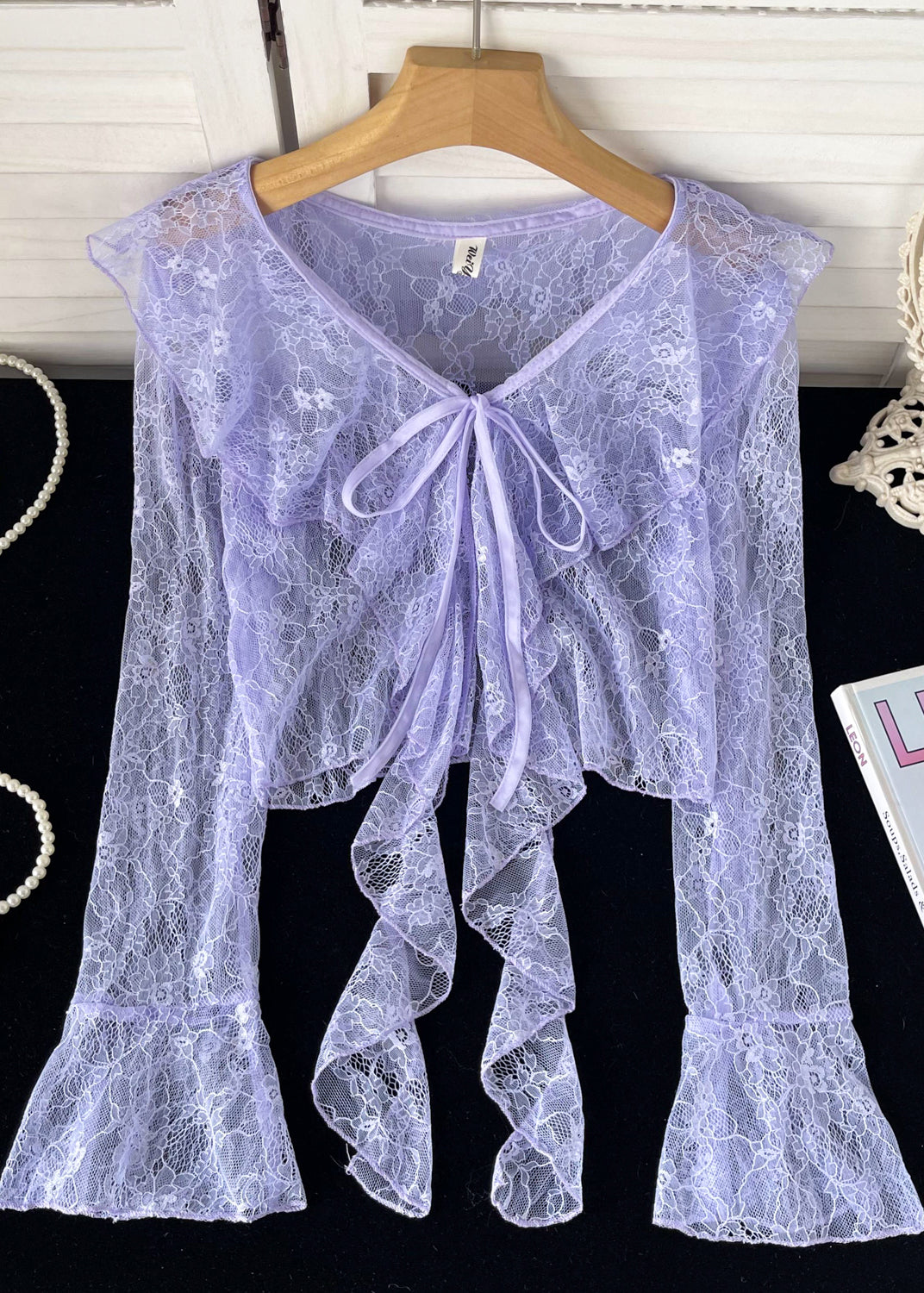 Cute Pink Ruffled Lace Up Lace Tops Flare Sleeve YF013