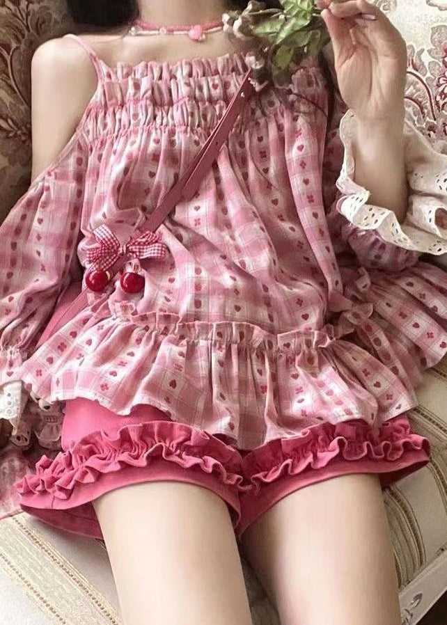 Cute Pink Ruffled Print Patchwork Top And Shorts Two Pieces Set Summer UU1006