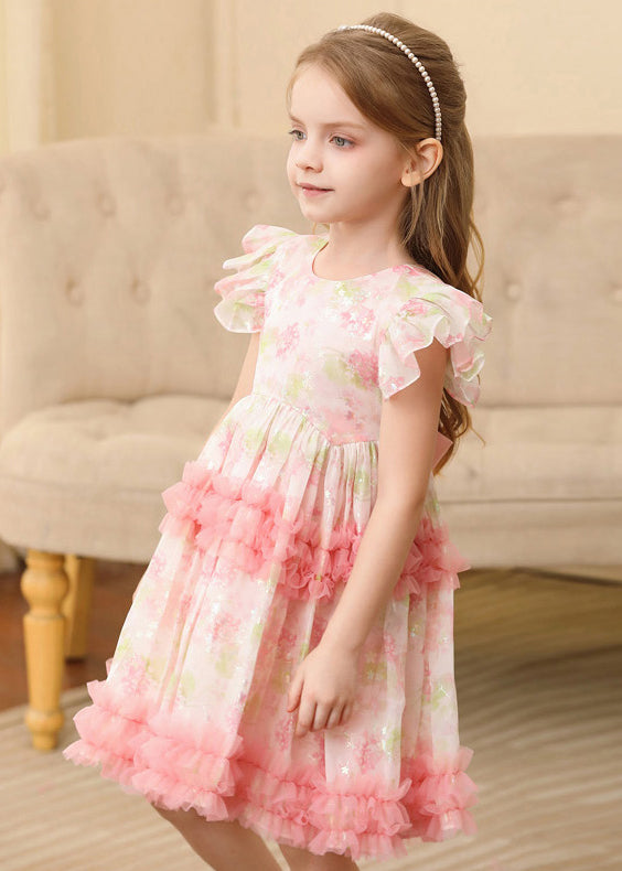Cute Pink Ruffled Print Patchwork Tulle Girls Long Dress Short Sleeve EW019