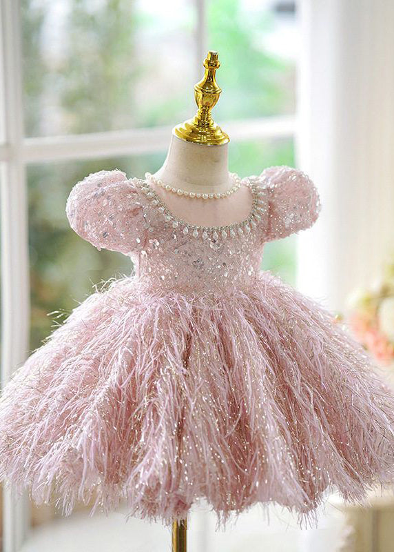 Cute Pink Sequins Pearl Patchwork Tulle Kids Long Dress Short Sleeve YG002