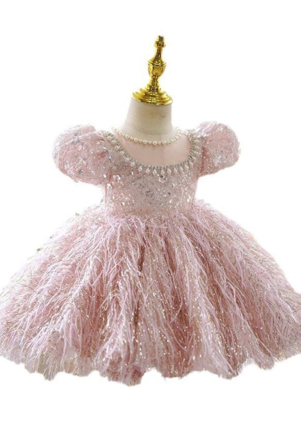 Cute Pink Sequins Pearl Patchwork Tulle Kids Long Dress Short Sleeve YG002