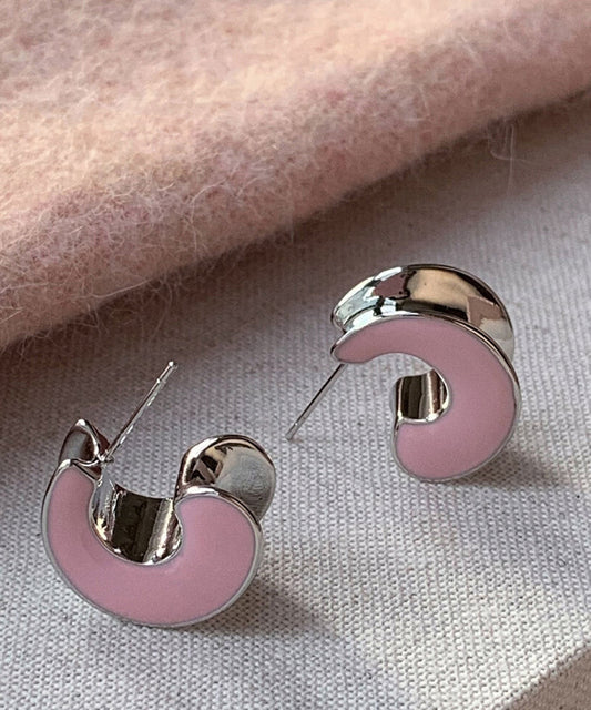 C-Shaped Glaze Earrings Silver Cute Hoop Sterling Pink Drip