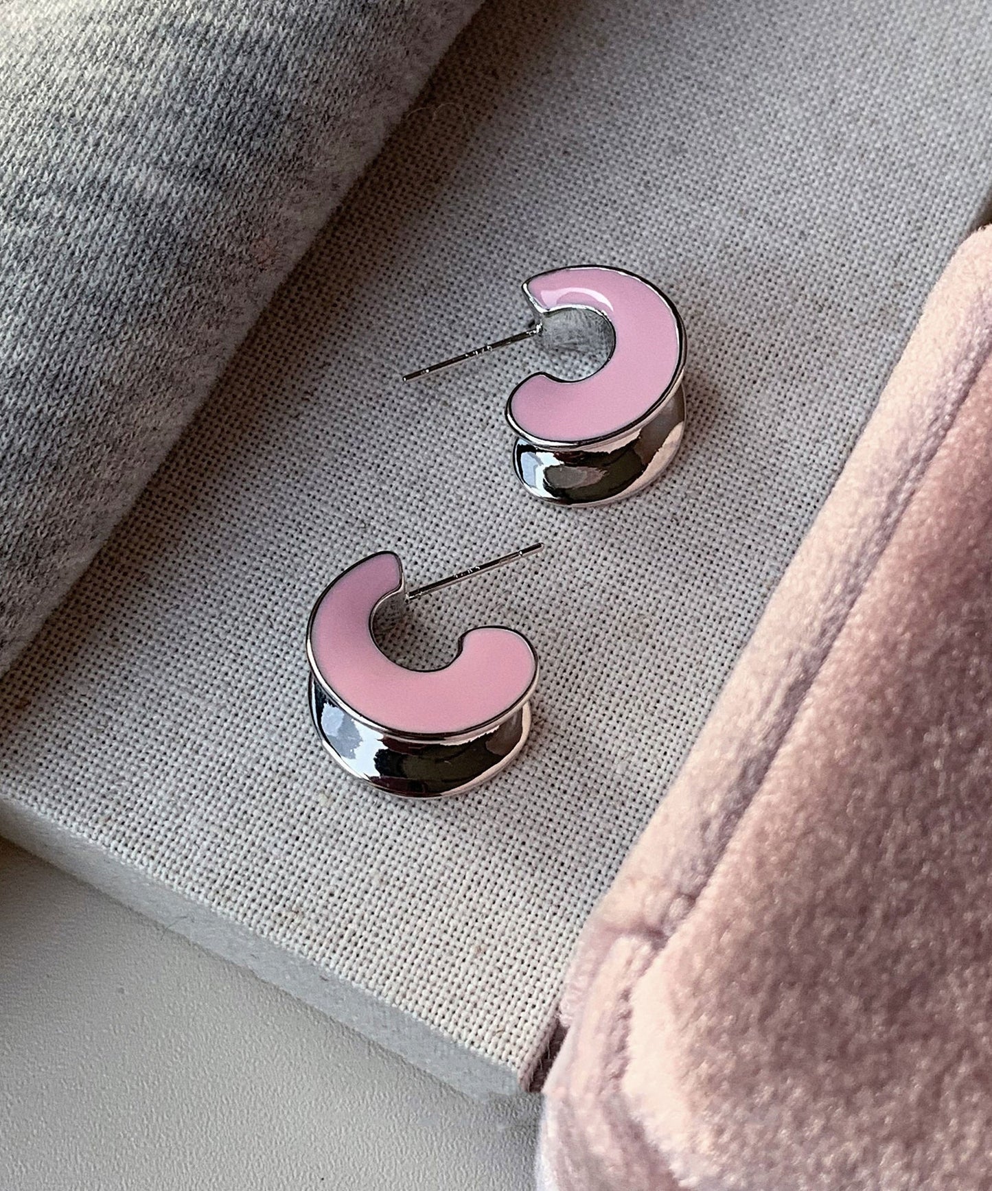 C-Shaped Glaze Earrings Silver Cute Hoop Sterling Pink Drip