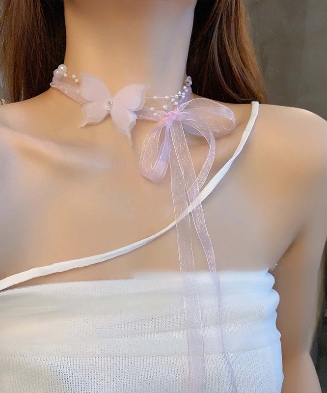 Pearl Zircon Pink Necklace Princess Cute Butterfly Tulle