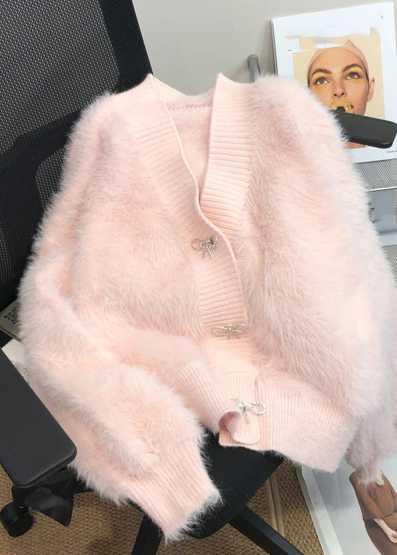 Cute Pink V Neck Button Mink Hair Knitted Cardigan Winter RP005