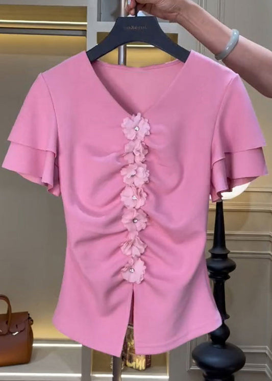 Cute Pink V Neck Floral Wrinkled Top Short Sleeve UU1047