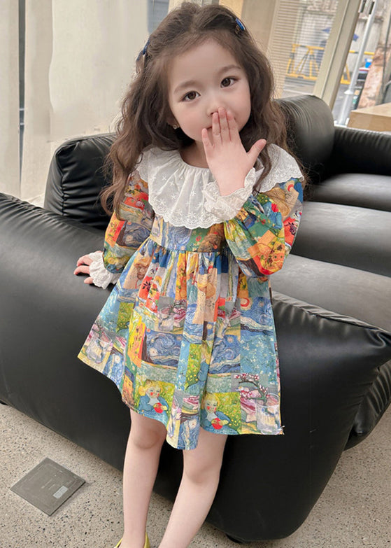 Cute Print Patchwork Kids Vacation Mid Dresses Fall SS1061