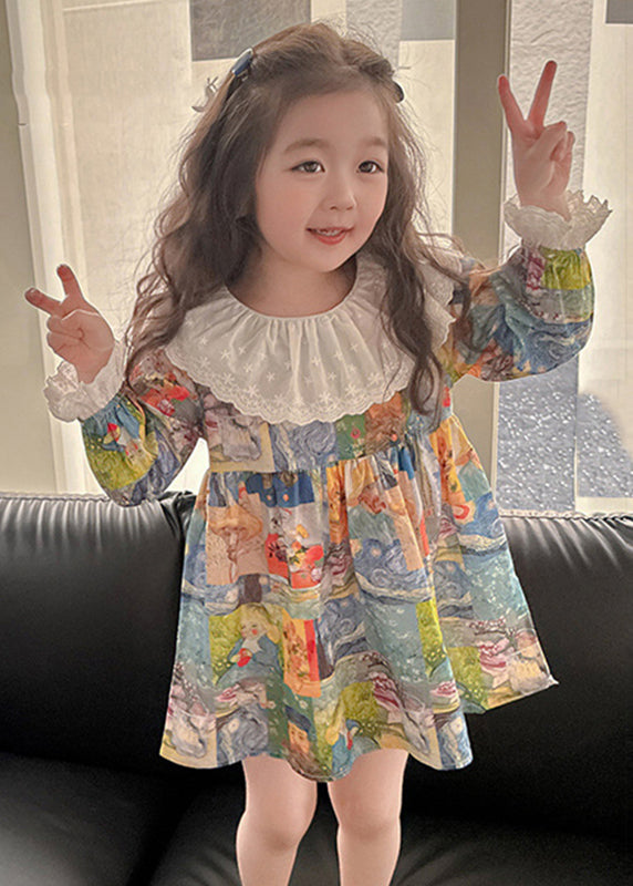 Cute Print Patchwork Kids Vacation Mid Dresses Fall SS1061