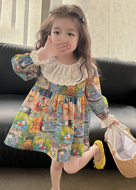 Cute Print Patchwork Kids Vacation Mid Dresses Fall SS1061