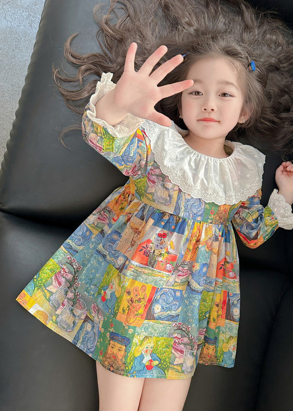 Cute Print Patchwork Kids Vacation Mid Dresses Fall SS1061