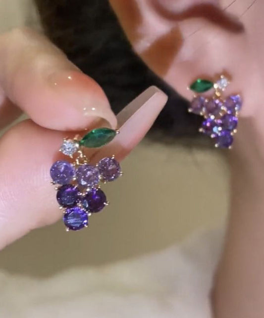Earrings Cute Stud Zircon Alloy Grapes Purple