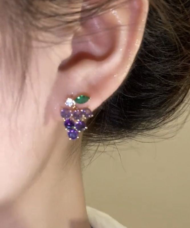 Earrings Cute Stud Zircon Alloy Grapes Purple